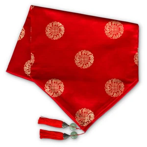 US SELLER - 75 Inch Red Silk Chinese Longevity Table Runner - Picture 1 of 3