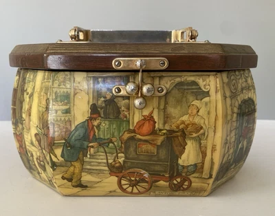 Vintage Anton Pieck Decoupage Art Octagon Wooden Box Purse with Metal Handle - Image 1 of 4