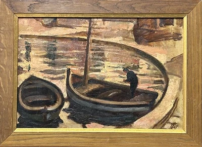 Original Antique Oil Painting, Fisherman on The Sea, Cityscape Houses, Framed - Photo 1/4