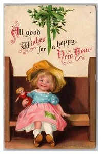 Postal Año Nuevo Feliz Año Nuevo Niña Sentada Bajo Muérdago a/s Clapsaddle L23 - Imagen 1 de 2