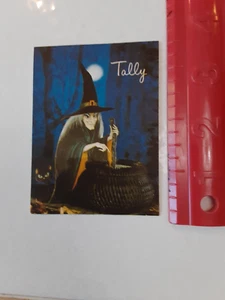 Old Vintage Halloween Witch Black Cat Moon Cauldron Tally Card Hallmark unused m - Picture 1 of 7
