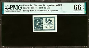 Slovenia / Yugoslavia German Occupation 1/2 Lire 1944 Pick-R1 GEM UNC PMG 66 EPQ - Picture 1 of 2