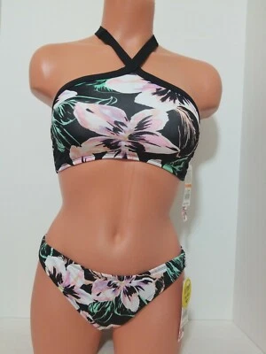 The Bikini LAB Swimsuit 2 pc Bikini Set Sz S Black Multi Halter Top Bottom 1245 - Image 1 of 4