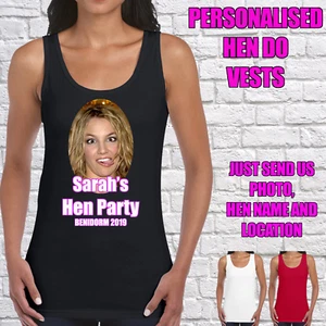 LADIES HEN PARTY VEST TOPS PHOTO PRINTED PERSONALISED HEN DO DESIGN WOMENS NEW - Picture 1 of 4