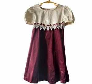 Bonnie Jean Girls Ivory Velvet Burgundy S/S Back Tie Holiday Party Dress 5 - Picture 1 of 8