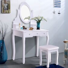 White Vanity Jewelry Wooden Makeup Dressing Table Set W/Stool Mirror & 5 Drawers