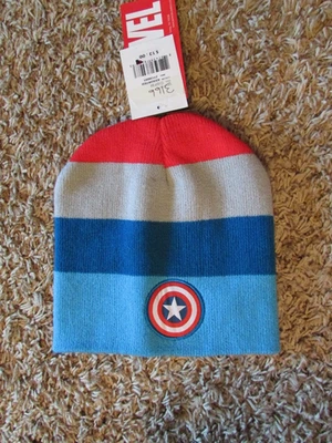 Marvel Captain America Blue Gray Red  Striped Acrylic Knit Beanie -NWT - Image 1 of 2