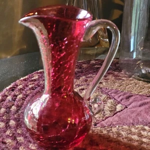 Handblown Cranberry Crackle Glass Mini Pitcher 5" Clear Attached Handle - Picture 1 of 7