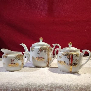 ANTIQUE JAPANESE KUTANI PORCELAIN BONE CHINA TEA POT, CREAMER, SUGAL BOWL - Picture 1 of 20