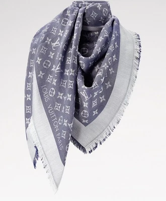 Louis Vuitton LV Monograma Denim Chal $710 Bufanda Azul Plata Jacquard Foto 1 de 4