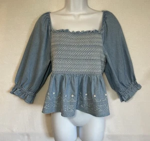 American Eagle Babydoll Oberteil Damen groß blau Chambray gesmokt quadratischer Ausschnitt AEO - Bild 1 von 10