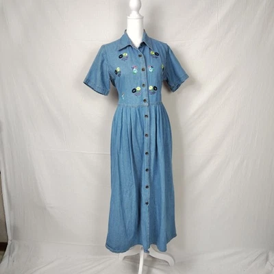 Vintage G.S. Vestido Denim DENIMS Floral Bordado Botón Frontal MUJER Pequeño Foto 1 de 4