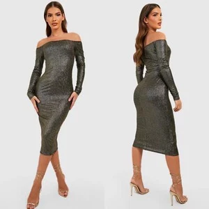 NEW Boohoo Metallic Glitter Bodycon Midi Dress Size 4 - Picture 1 of 6