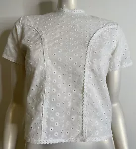 Vintage 50s White Cotton Floral Eyelet Lace SS Shirt Blouse Top S M - Bild 1 von 9