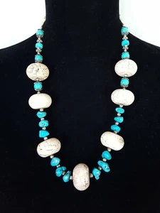 Chunky Big Stone Beads & Turquoise Bead Strad Silver Tone Staitnment Necklace - Picture 1 of 10