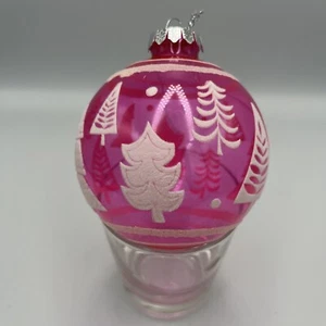 Christmas Tree Ornament Blown Glass Flocked Pink Clear Christmas Trees 4” - Picture 1 of 5