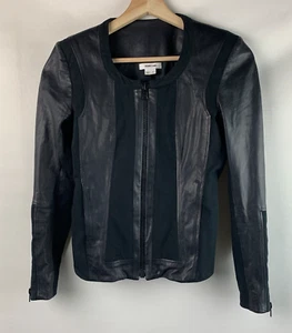 Helmut Lang Jacket Black Leather/Cotton Panels Collarless Zip Pockets Lined Sz P - Picture 1 of 8