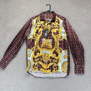 Moda Color Baroque Greek Key Shirt Mens M Med Pink Gold Black Satin NWT - Picture 1 of 10