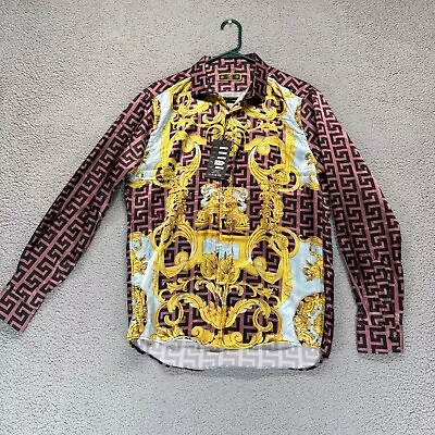 Moda Color Baroque Greek Key Shirt Mens M Med Pink Gold Black  Satin NWT - Image 1 of 4