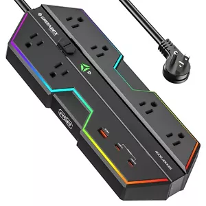 Tira de alimentación protectora contra sobretensiones 4000J con puertos USB, 6 tomas de corriente con RGB - Imagen 1 de 6