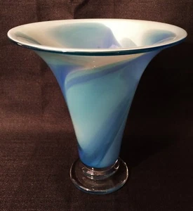 Lg Robinson Scott 1999 Blown Art Glass Trumpet Flower Vase Blue Contemporary A+ - Picture 1 of 10