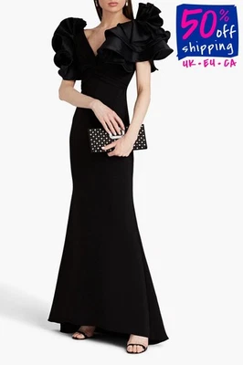 RRP€955 BADGLEY MISCHKA Evening Gown US6 UK10 IT42 M Lined Ruffle Trim V-Neck - Image 1 of 4