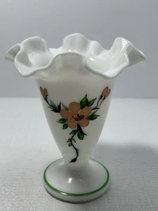 Fenton Vase 6” Ruffle Milk Glass White  Hand Painted Flower Floral Vintage - Picture 1 of 11