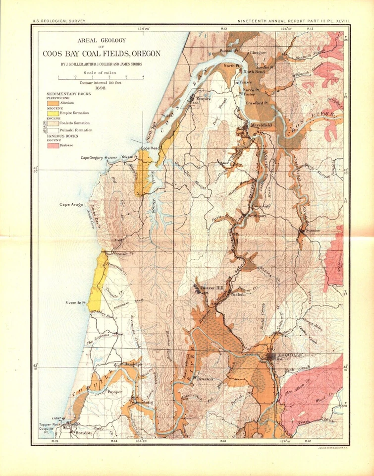 Areal Geology Coos Bay Coal Fields Oregon – Antique USGS Lithograph Map 1899 - Image 1 of 1