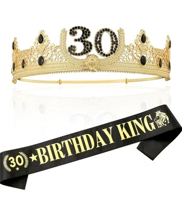 Corona Rey 30 Cumpleaños y Faja Cumpleaños Oro y Negro Regalos para Hombre Foto 1 de 4