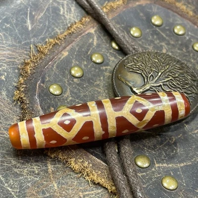 Ancient Tibetan DZI Beads Old Agate Vajra Stars Totem Amulet Pendant 55mm #3295 - Image 1 of 4