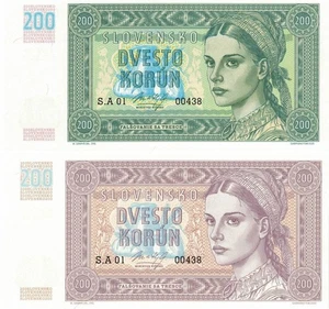 Slovakia; 200 Korun 2025; Set x2 UNC; Gabris Matej; Same numbers S.A 01 00438 - Imagen 1 de 8
