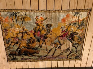 Heavy Tapestry Hunters Killing Lions Rich Colors Nice border Size 48x71 inches - Picture 1 of 2