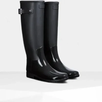 HUNTER Black Refined Matte Gloss Duo Tall Waterproof Buckle Pull On Rain Boots 9 - Image 1 of 4