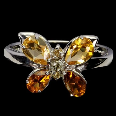 925 Sterling Silver Ring Pear Citrine 6x4mm Sapphire Butterfly Gemstone Size 7 - Image 1 of 4