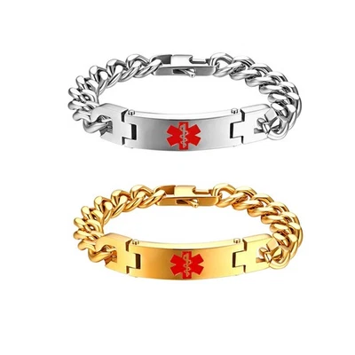 Pulsera de Alerta Médica de Emergencia para Hombre Curvada Cadena Cubana de Acero Inoxidable 316L Foto 1 de 3