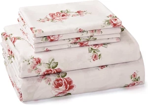 Queen Bettwäsche Set 6-teilig (rosa Rose Blumen), Landhaus Kern botanisch gemustert Sh - Bild 1 von 6