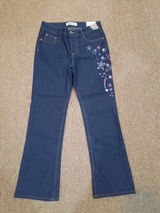 New Lei Dark Wash Star Embroidery Jeans Size Girls 14 Low Rise Adjustable Waist - Picture 1 of 10