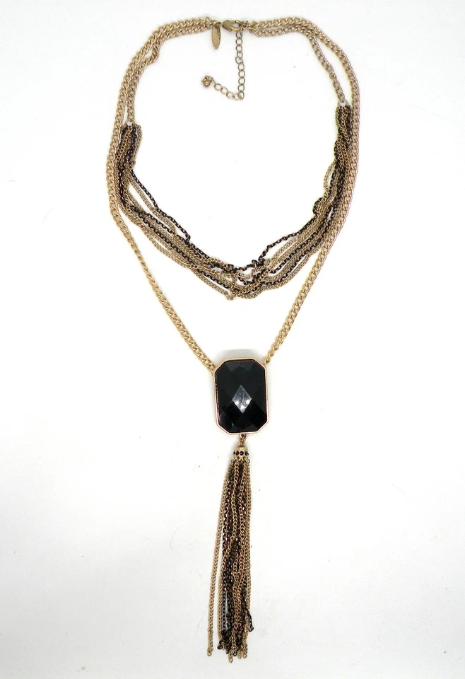 Collar Colgante Borla Tono Dorado Firmado en Nueva York Negro Multi Hilos Capas Foto 1 de 4