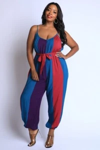 Plus Size Spaghetti Strap Oversized Striped Belt Tie Pockets Jumpsuit 1X 2X 3X - Picture 1 of 12