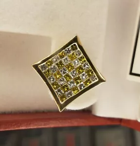 Mens 14k Solid Gold White and Yellow Diamonds Screw-On Stud Earrings Diamond - Picture 1 of 10