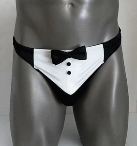NEW MEN'S BLACK TIE SATIN INTIMO TUXEDO THONG  - Picture 1 of 6