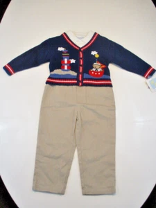 2nd STEP Boys Outfit 18 mos One-piece Shirt Navy Blue Sweater Tan Pants 3 pc NWT - Picture 1 of 19
