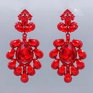 Rote Chandelier Ohrhänger riesige Kristall Strass Damen Festzug Abschlussball 210 - Bild 1 von 4
