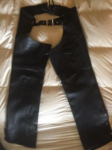 Leather Chaps Motorcycle Large BLACK Pro Rider Riding Pants Unisex Lightly Worn - Picture 1 of 12