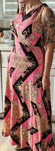 Vintage 70s Long Jersey Abstract Sleeveless Dress  Pink Black Gold  Sz M - Picture 1 of 9