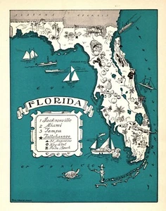 1930s Antique Florida State Map RARE Animated Florida Picture Map BLU 1066 - Picture 1 of 3