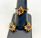10K Gold Plate Purple Amethyst Ring Earrings Set Pierced
