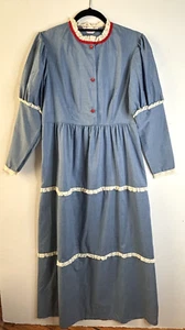VTG 60'S SEARS HIPPY BOHO RUFFLED LACE PRAIRIE DRESS BLUE COTTON CHAMBRAY*S/M - Picture 1 of 4