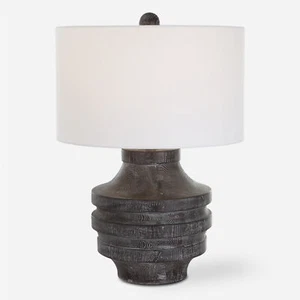 Fat Rustic Black Faux Wood Table Lamp 24 in Ribbed Carved Grain Organic Look - Picture 1 of 8