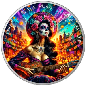 2024 Mexico Libertad Dia De Los Muertos SUNRISE GUITARIST 1 oz Color Silver Coin - Picture 1 of 5